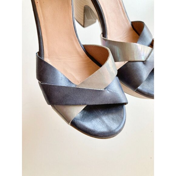 WONDERS Slate Blue Leather Iridescent Grey Patent Strappy Clog Sandals, Size 37 - Picture 3 of 14